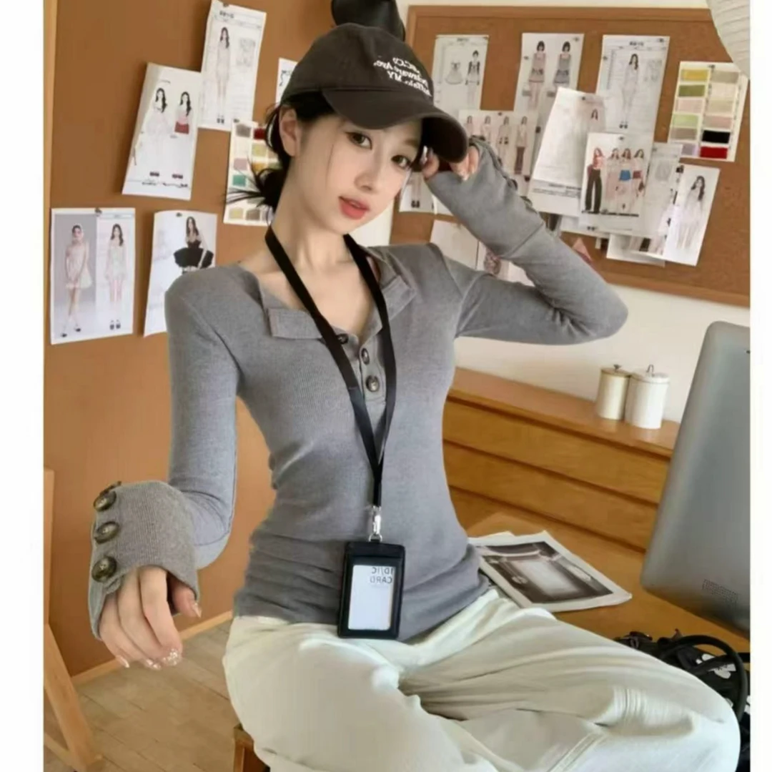 【现货24H+运补3-5】2025新款韩系半开领长袖T恤女秋冬修身正肩上衣