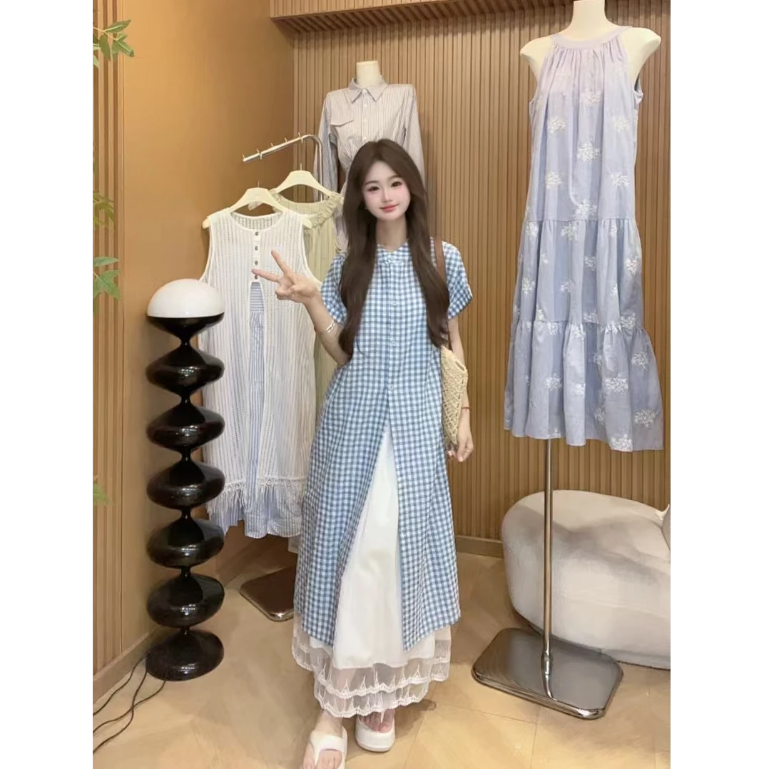 格纹长款设计感度假风短袖衬衫女夏季新款宽松休闲时尚套装7115