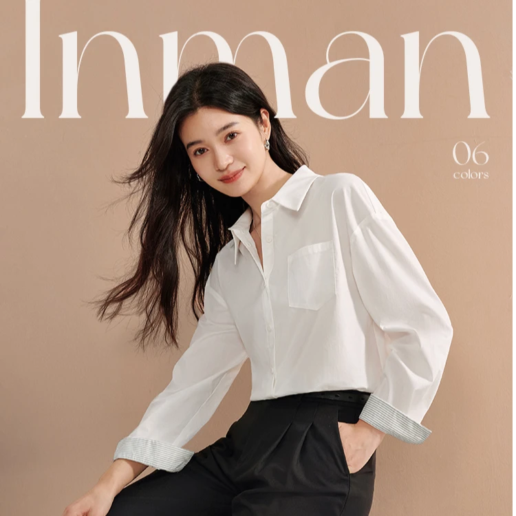 【温以凡同款】茵曼春口袋小蓝衫纯色宽松衬衫翻领条纹袖口长袖衬衣