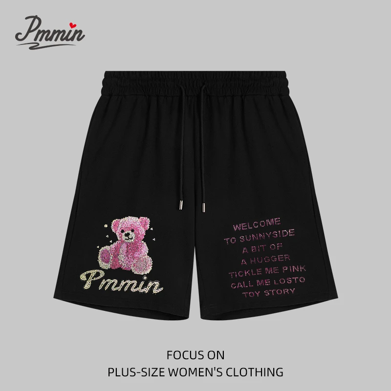 pmmin【PP草莓熊裤】女装大码设计潮牌烫钻5分短卫裤字母