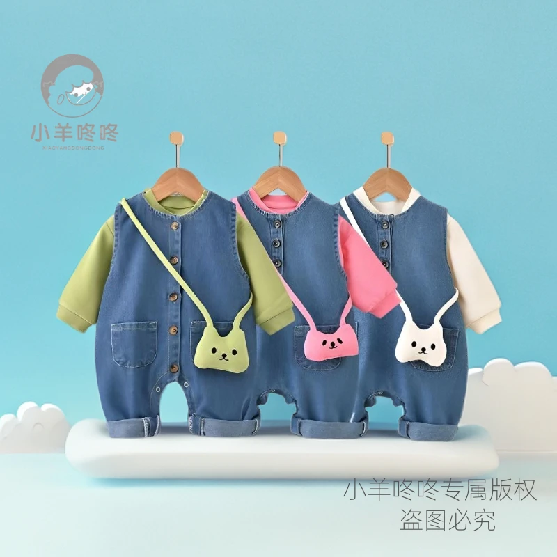【全开】春秋新款宝宝衣服全开牛仔连体哈衣背带裤+内搭简约套装