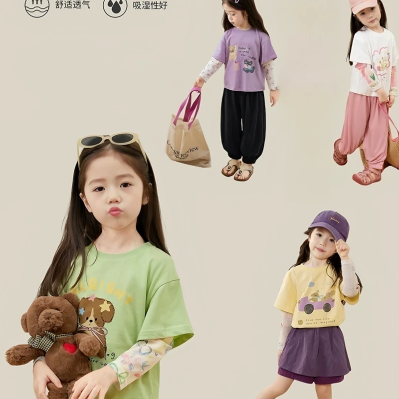 女童夏季纯棉假两件半袖T恤25新款拼接防晒袖上衣女孩外穿短袖