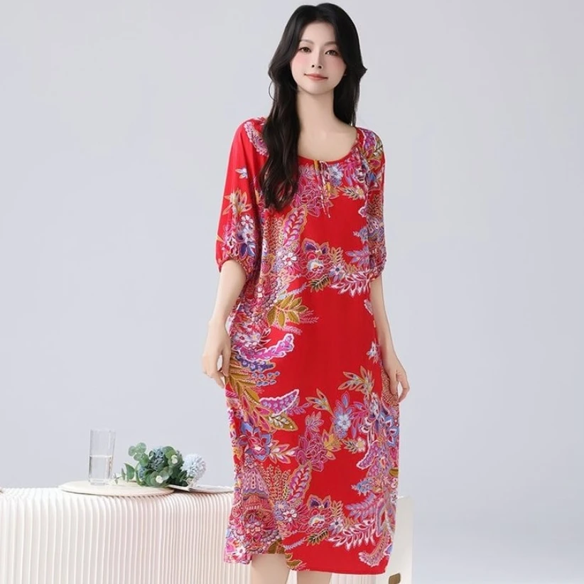 2025时尚睡裙宽松大码韩版连衣裙夏季中长款显瘦薄款家居服裙子