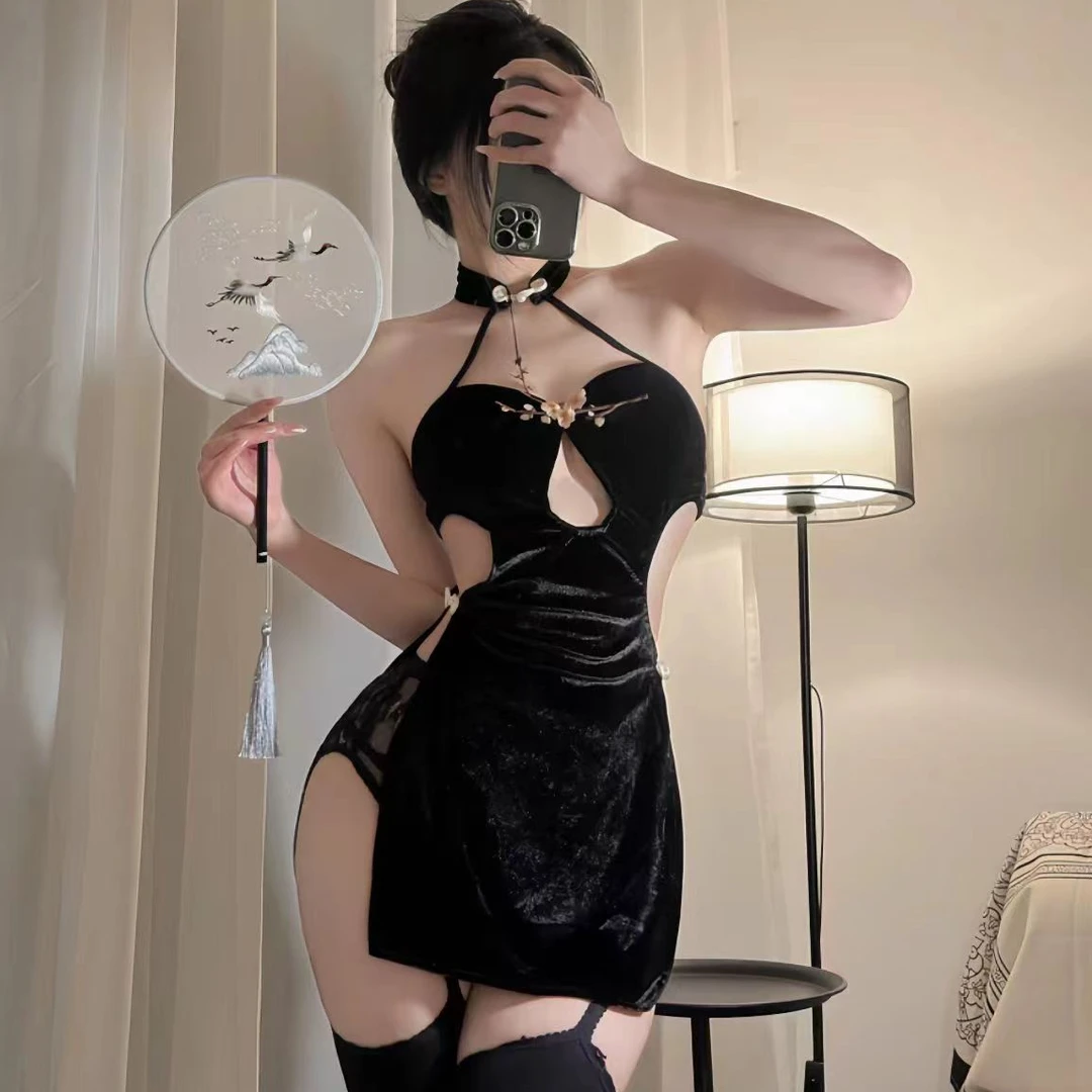 甜美旗袍风辣妹性感制服收腰睡衣蝴蝶梅花刺绣超薄开叉睡裙套装