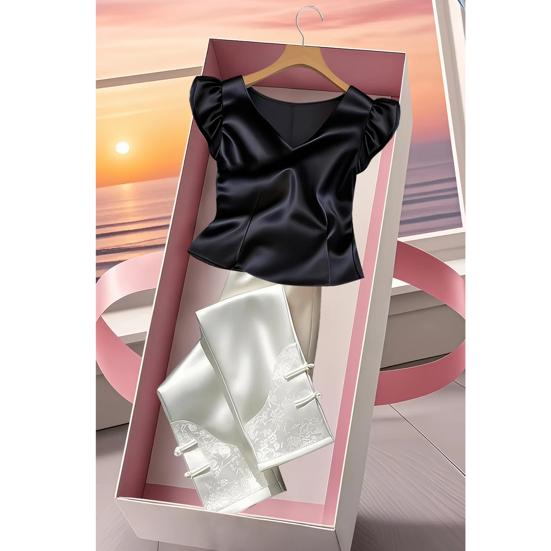 欧货夏季新款轻奢高端感两件套黑色飞飞袖V领上衣缎面高级长裤...