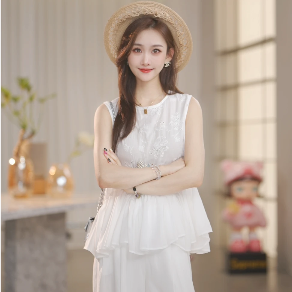 【Shaw Eleven】2025夏女新款超仙鱼尾下摆棉布绣花无袖上衣88955