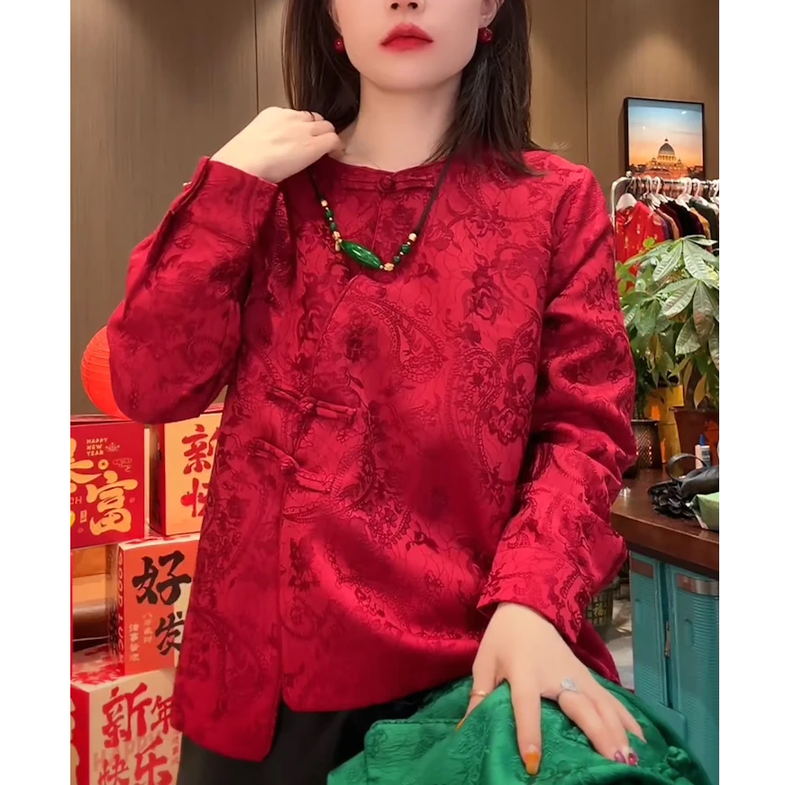 新中式国潮风红色上衣宽松版新年战袍打底衫女内搭休闲衣服大码