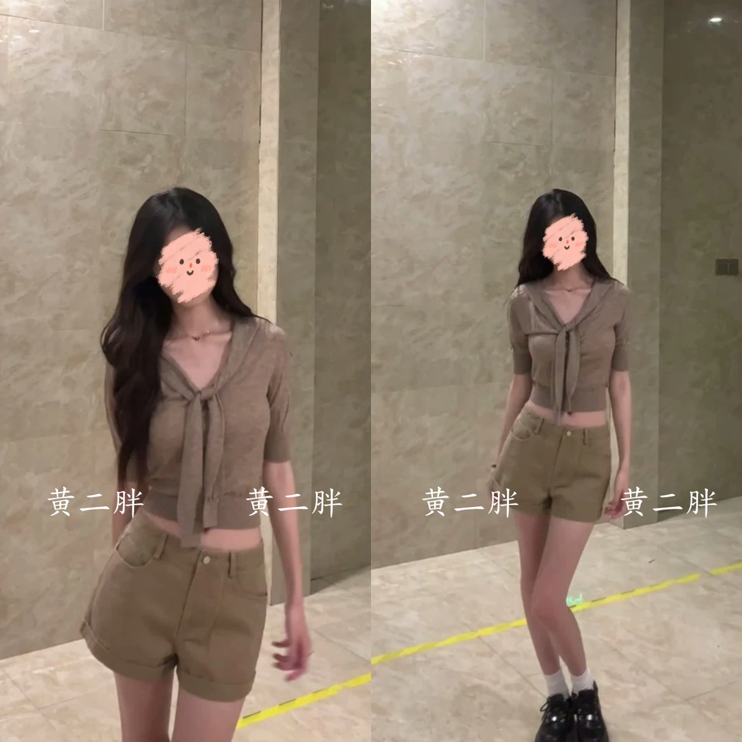 法式复古老钱风设计感假两件T恤女2025夏季新款短袖上衣+短裤套装