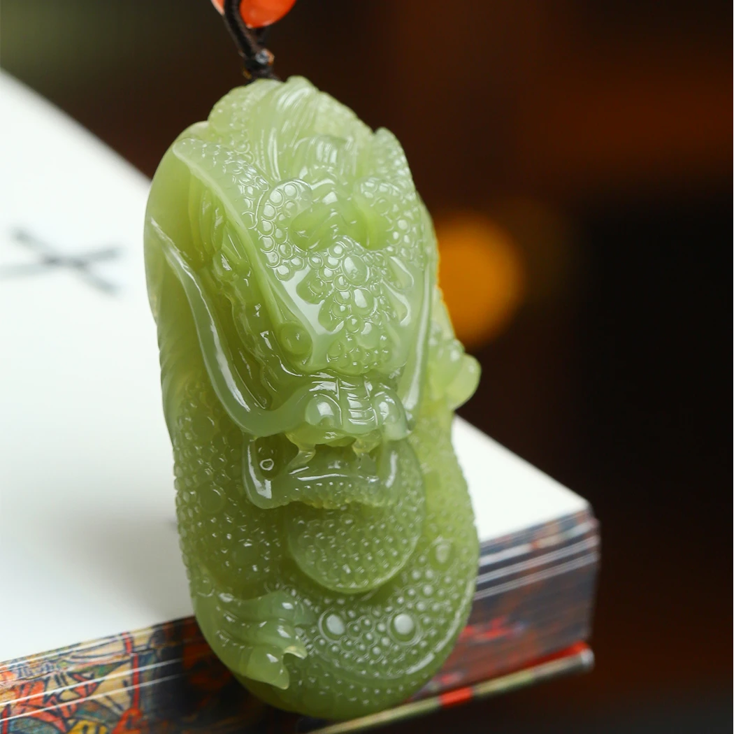 【孤品收藏】天然和田玉青黄口龙吊坠生肖把件手工雕刻男士项链正宗