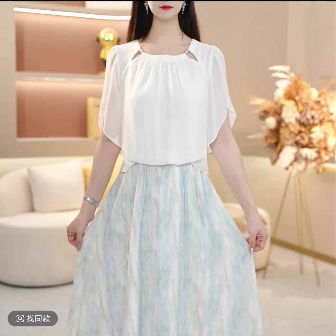 2025夏季新款印花拼色精纺简约大气优雅女神范显瘦收腰减龄裙子