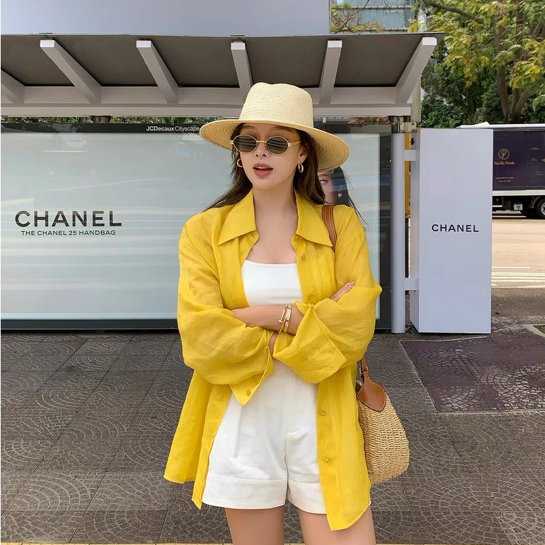 【美气质货】宽松型防晒韩版设计感衬衣女夏季薄款透气衬衫黄色长袖