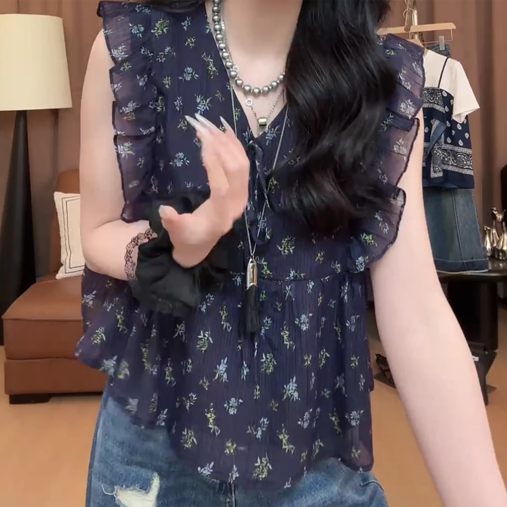 【水星记】韩系木耳边定制面料碎花小v领上衣t恤显瘦印花夏季