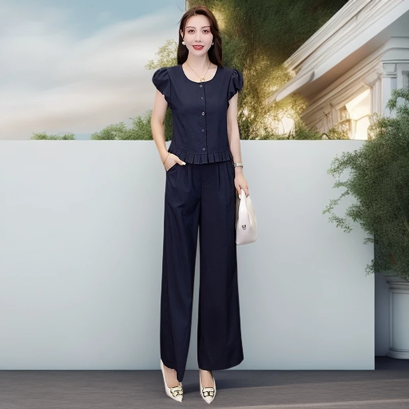 时尚套装女2025夏季新款洋气减龄显瘦短袖上衣阔腿裤气质两件套潮