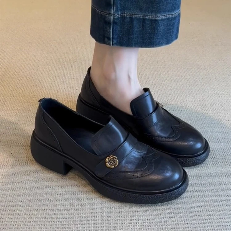 牛皮版~复古山茶花厚底乐福鞋女一脚蹬粗跟圆头通勤百搭小皮鞋子