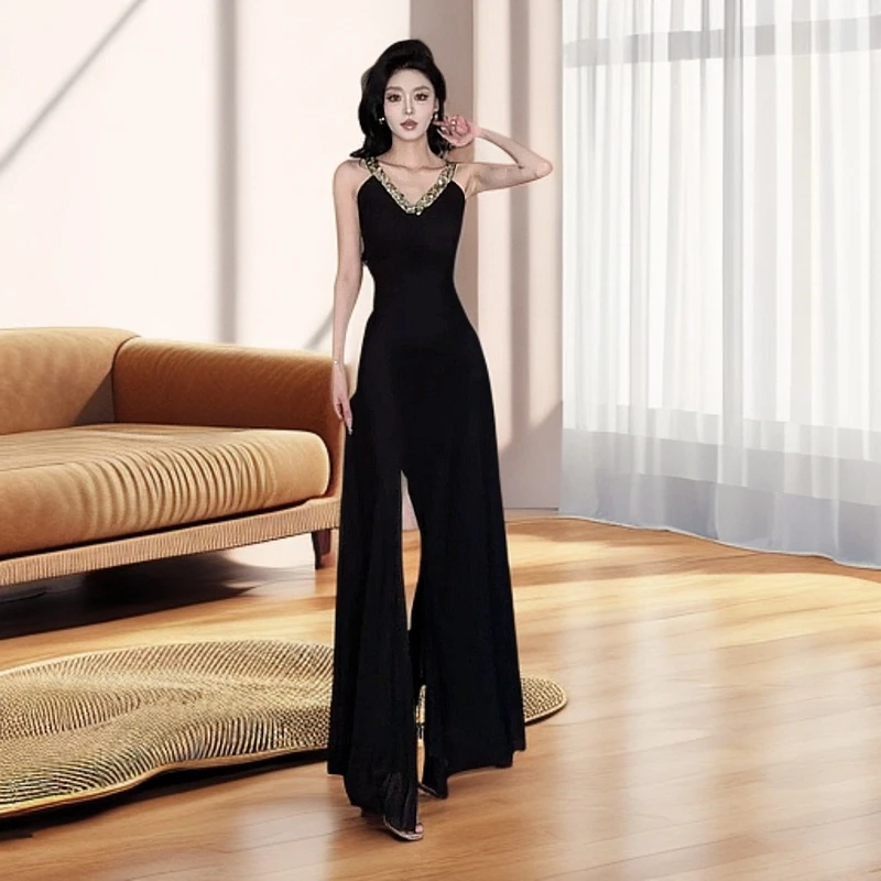 g2/F010【元元】性感V领修身显瘦气质长款连衣裙小众别致设计性感裙