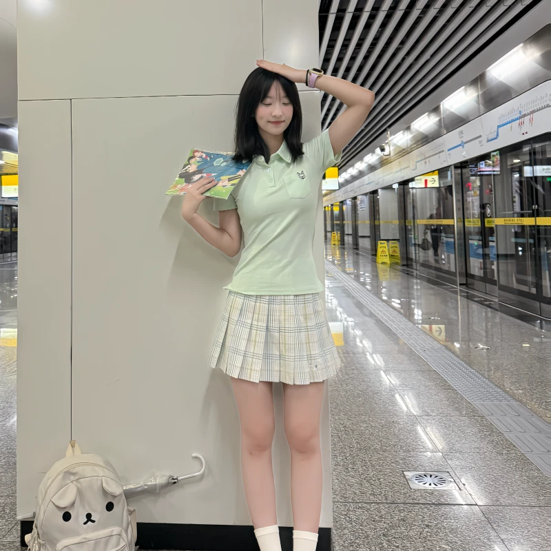 川野栗【梨花雪】白绿色格裙原创jk学生格裙百褶裙学院短裙半身裙