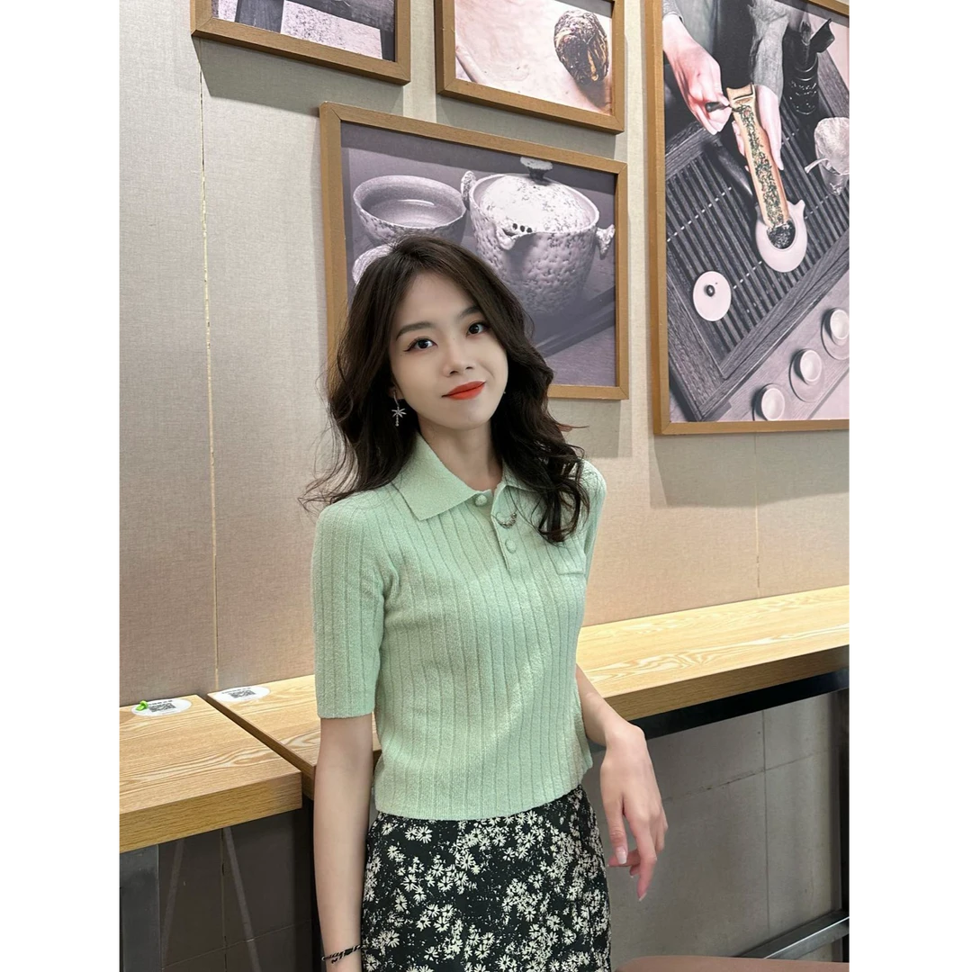 GIRDEAR/哥弟春夏新款休闲舒适修身显瘦翻领针织短袖138022