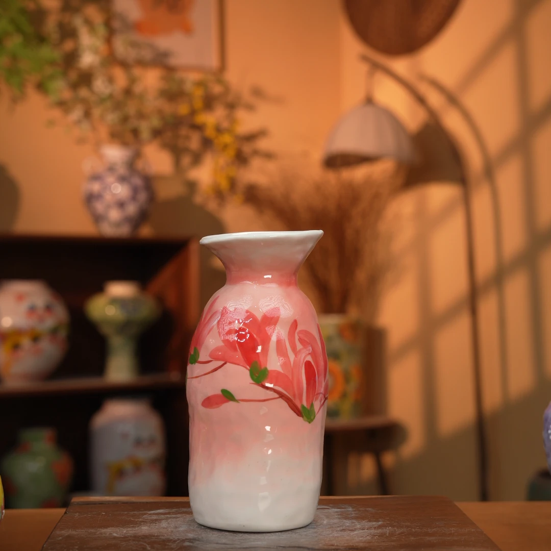 景德镇青绿艺术感插花装饰陶瓷立体设计师款粉黛瘦长玉兰花