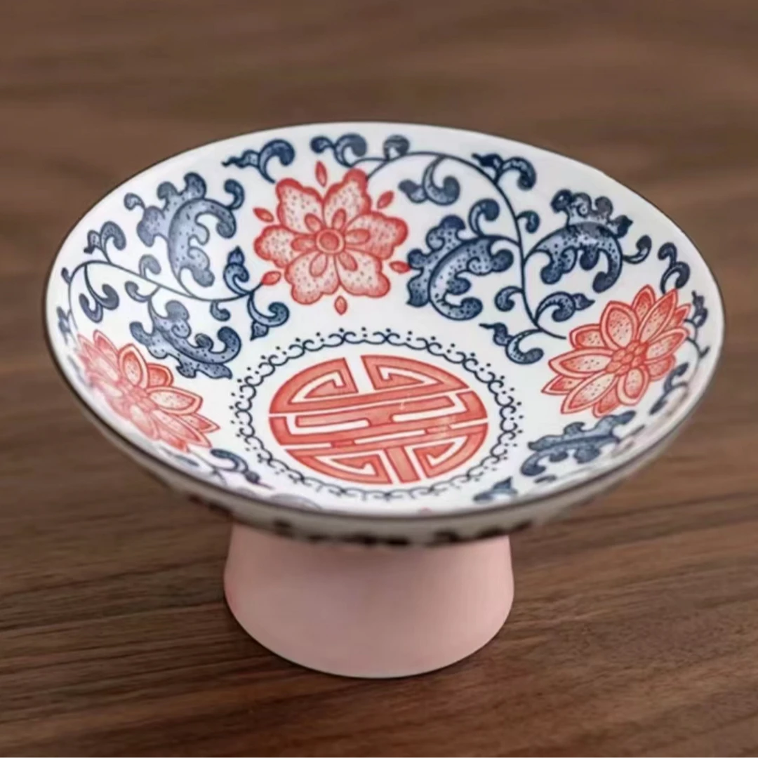 缠枝莲（高脚）小果盘-红 A0031