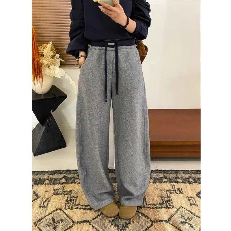 撞色腰弯刀裤阔腿裤慵懒风口袋复古森系极简风冬季休闲裤