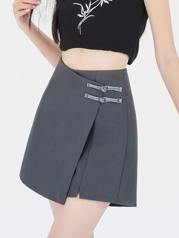 设计感不规则开叉盘扣国风半身裙高腰显瘦a字短裤裙夏季