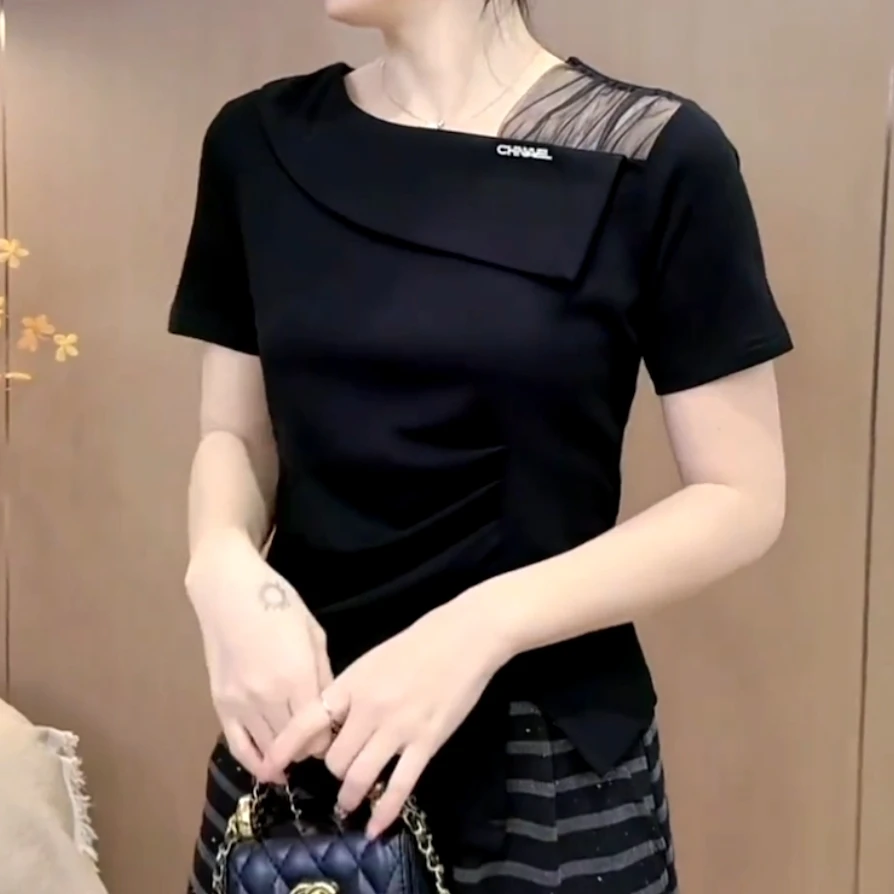 2025夏季不规则网纱拼接露肩短袖洋气时尚百搭气质巨显瘦独特上衣