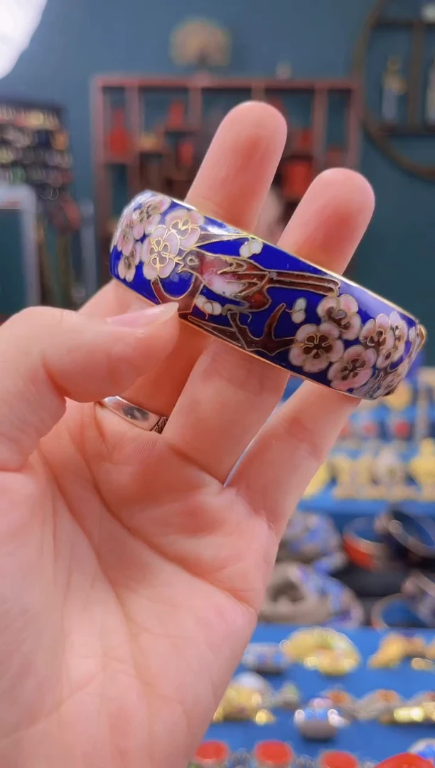 非遗景泰蓝手镯 开口 花鸟纹 58-64 宝蓝