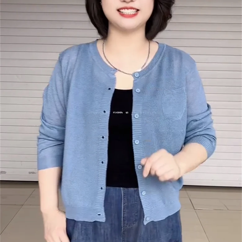 2025夏季新款百搭纯色单排扣针织开衫宽松轻薄透气防晒衫长袖上衣