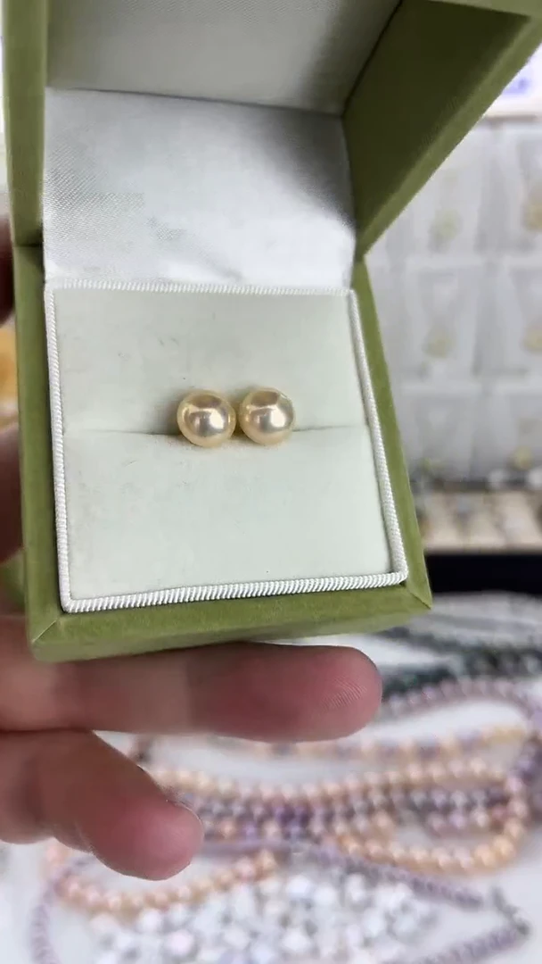 银S925镶嵌淡水珍珠耳饰05天然珍珠极光香槟金馒头耳钉8-9