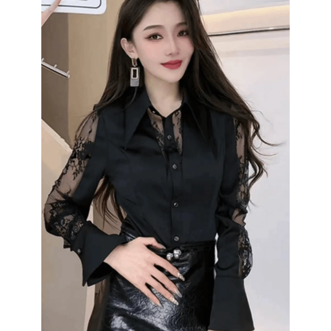 法式时尚性感蕾丝拼接Polo领长袖衬衫女秋季新款收腰显瘦百搭上衣