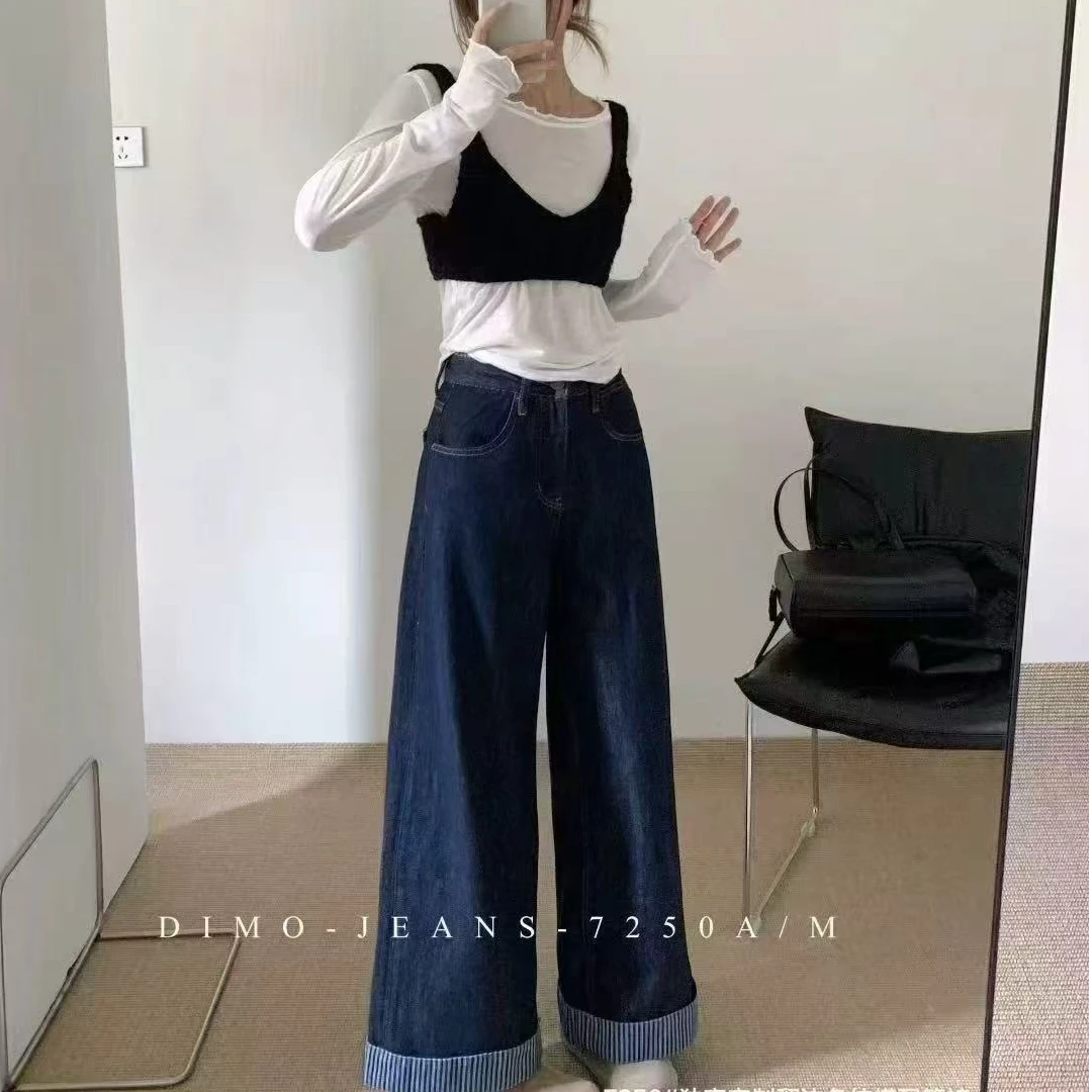 HY 海燕家 25161裤脚卷边条纹直筒裤（海燕自留，显瘦）