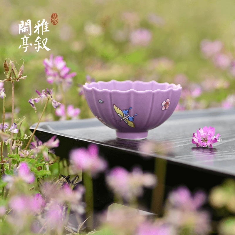 【闲亭雅叙】手绘蝴蝶粉彩花瓣杯70ml