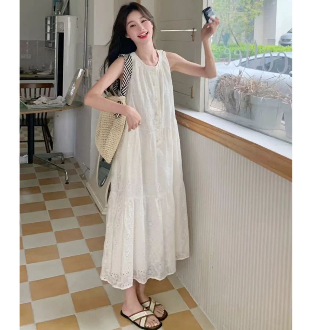 2025年夏季新款法式温柔风减龄褶皱拼接重工无袖背心连衣裙女+8