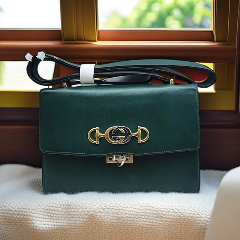 95新 GUCCI/古驰 墨绿色马衔扣斜挎包 1184 3418