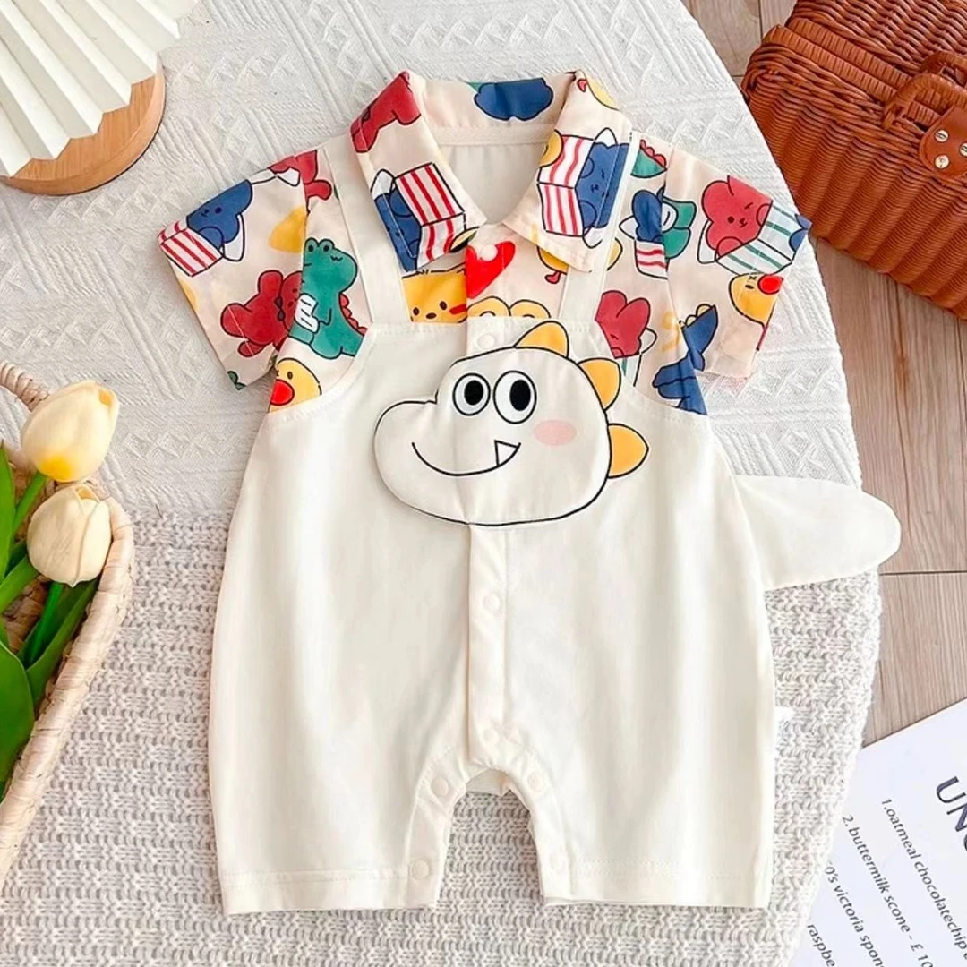 新款卡通宝宝夏款可爱呆萌调皮恐龙翻领假背带短袖连体哈衣外出服