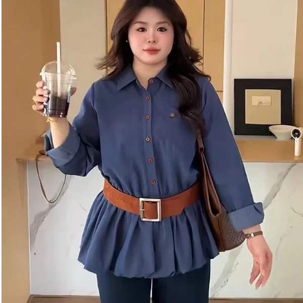 女装复古风翻领单排扣牛仔长袖衬衫2025秋季显瘦百搭上衣68218