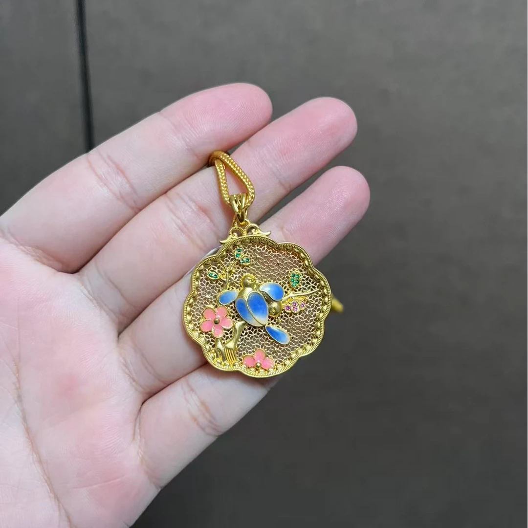 足金999珐琅彩喜鹊报喜莫桑吊坠
