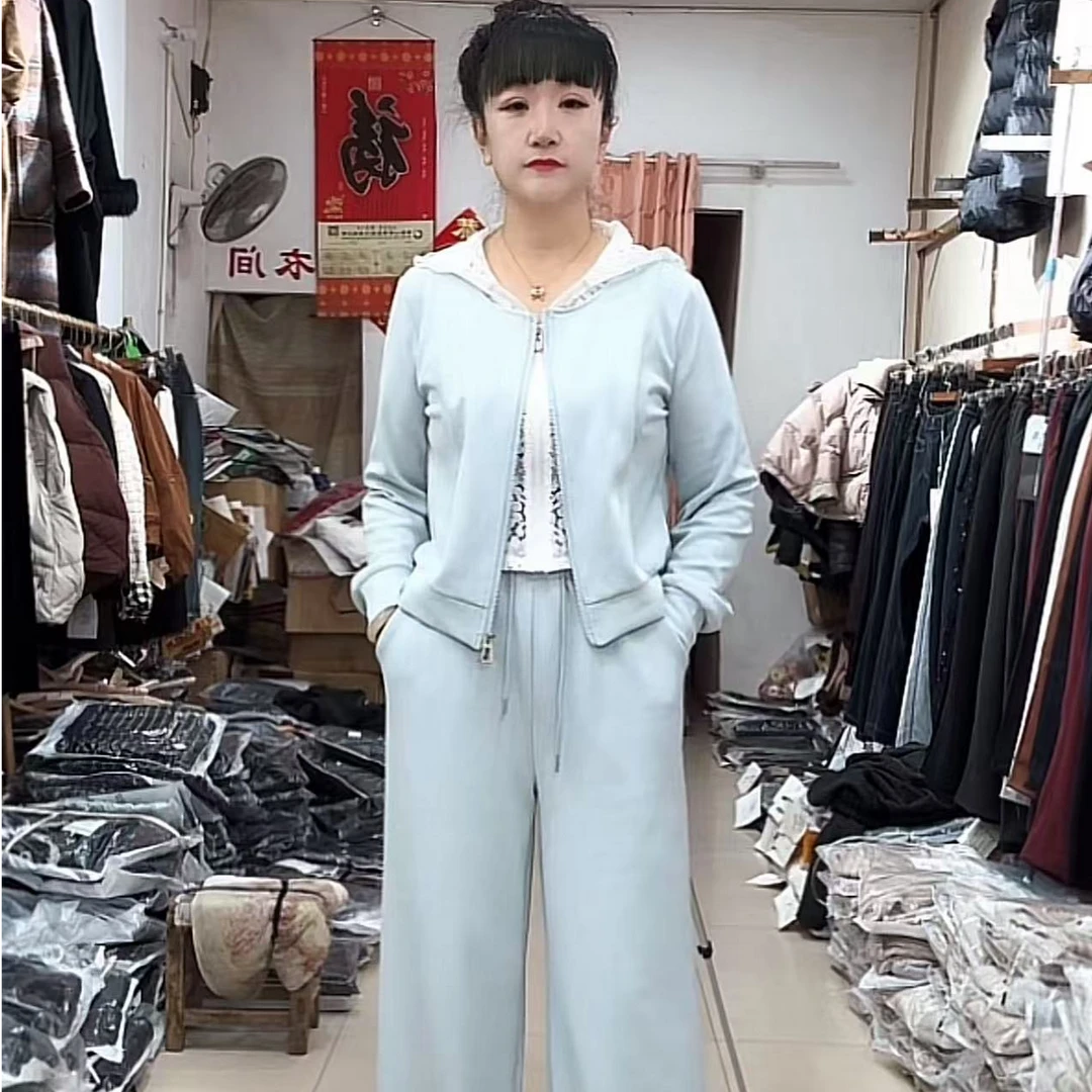 【娜姐家】13#休闲清新蕾丝连帽＋直筒裤两件套装