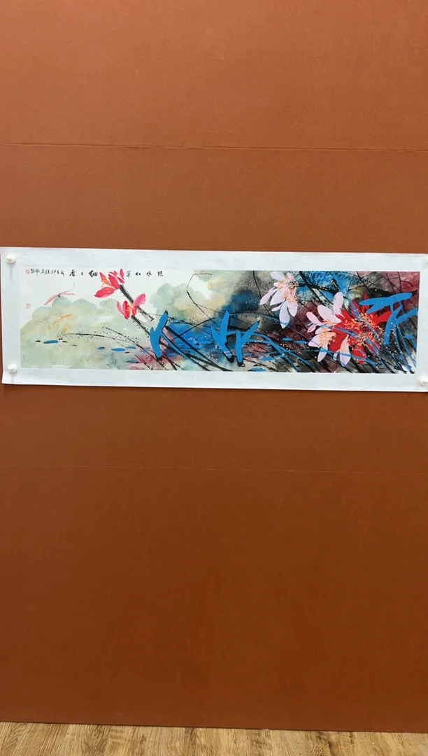 国画李文峰四尺对开亮彩荷花