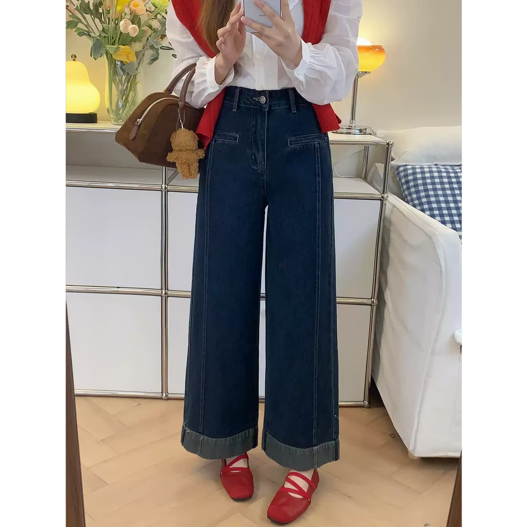 深蓝色阔腿牛仔裤女秋季新款丹宁风弹力显瘦高腰宽松小个子牛仔裤