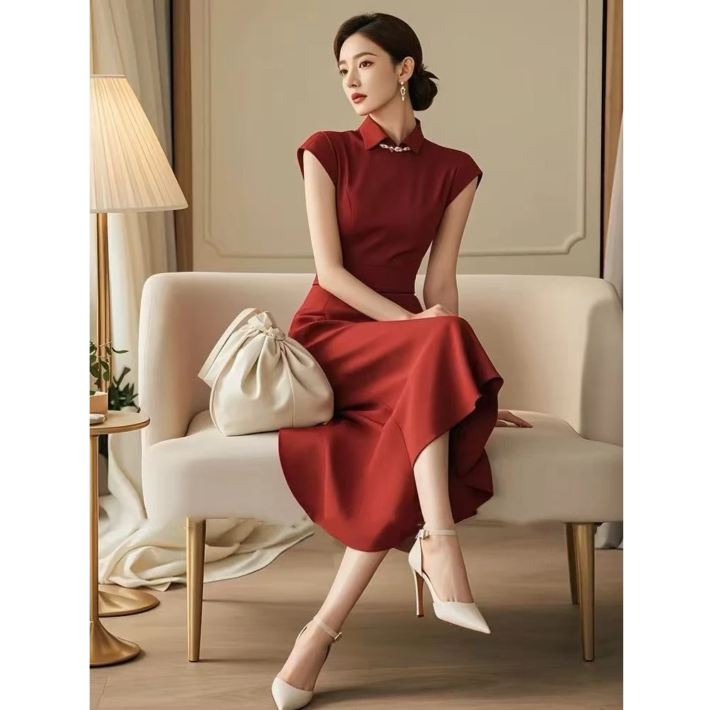 拼接不褪色POLO领连衣裙宴会酒红色套头夏季新娘中式红色礼服气质