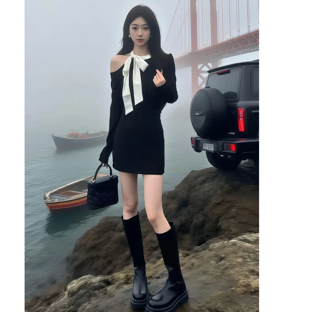 气质黑色针织连衣裙女气质绑带蝴蝶结露肩小众设计感裙子纯御辣妹