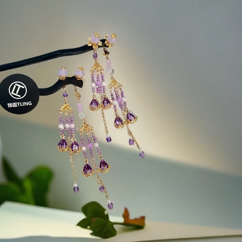 【鲸落于海，木】饰逅家原创夜光紫色流苏步摇古风头饰