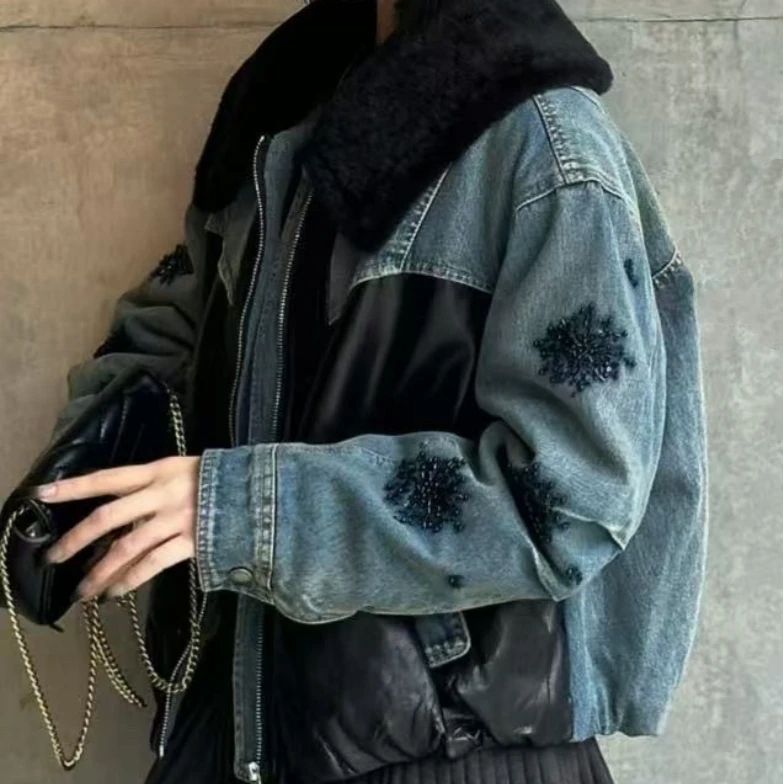 Manmi  手工穿珠皮毛拼接翻领牛仔棉服外套  25788（C5）