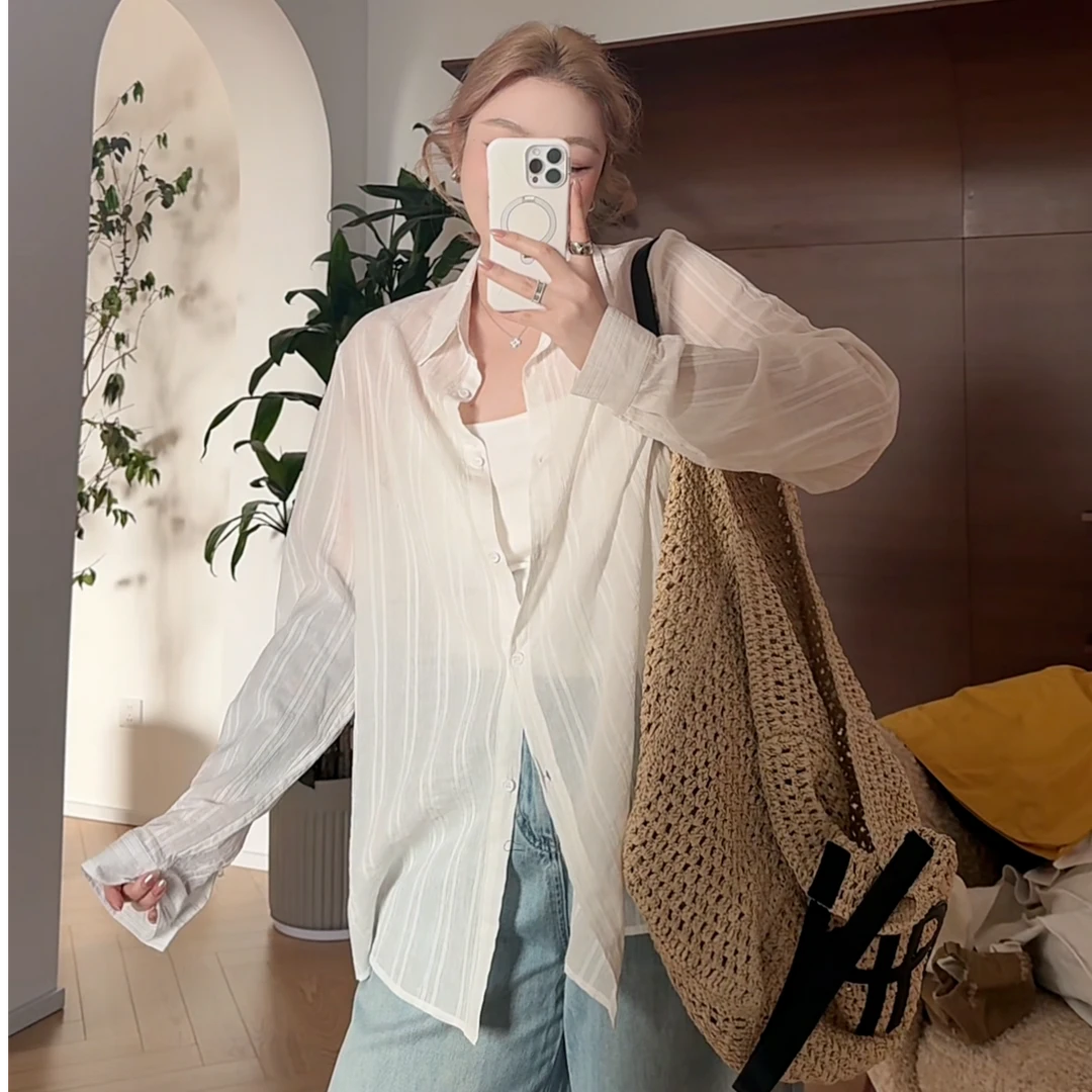 【瘦瘦】乔妹同款-大码夏季轻薄微透显瘦全棉宽松条纹感衬衫S01469