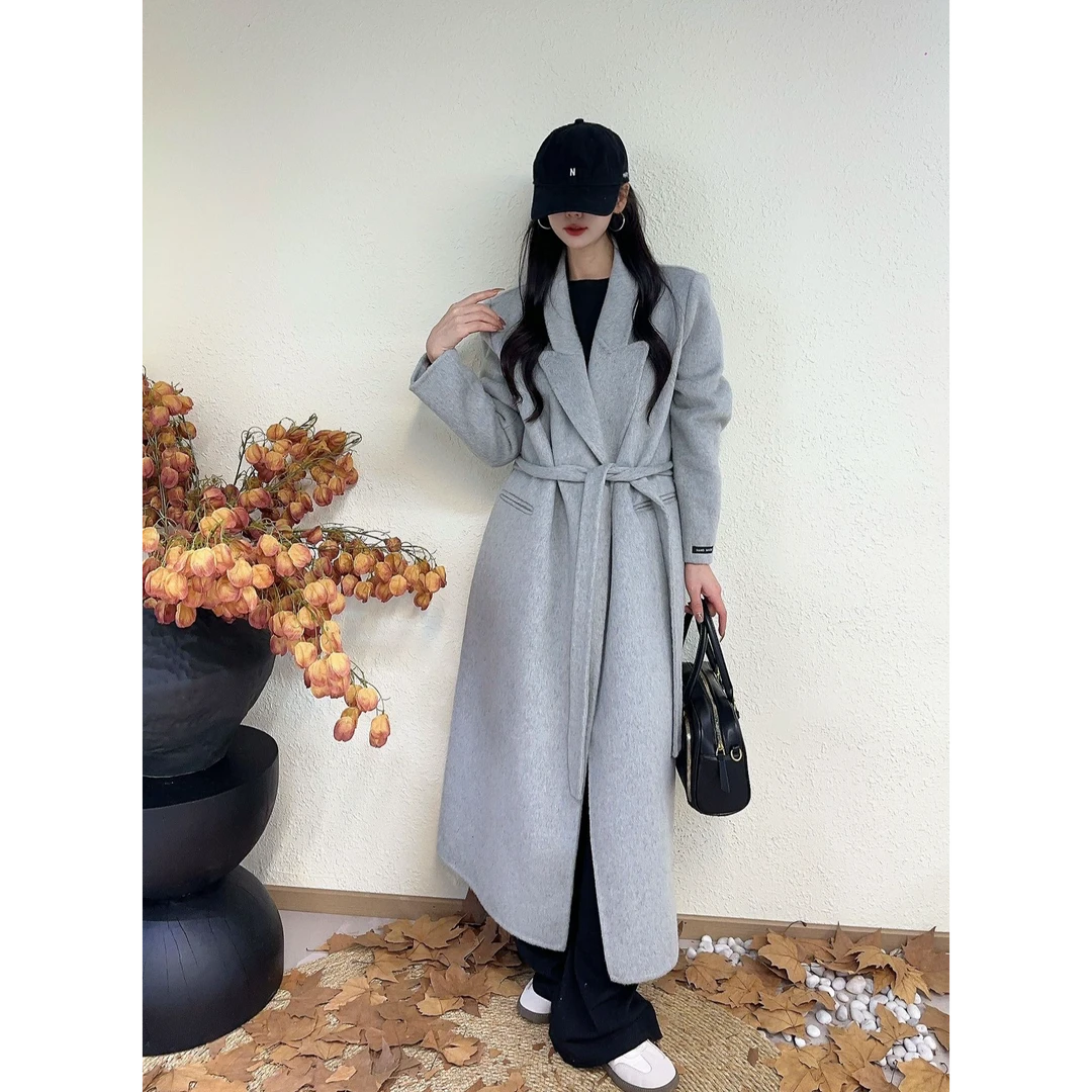 【圣特罗佩】秋冬新款正肩西装领腰带双面毛呢子大衣外套女装