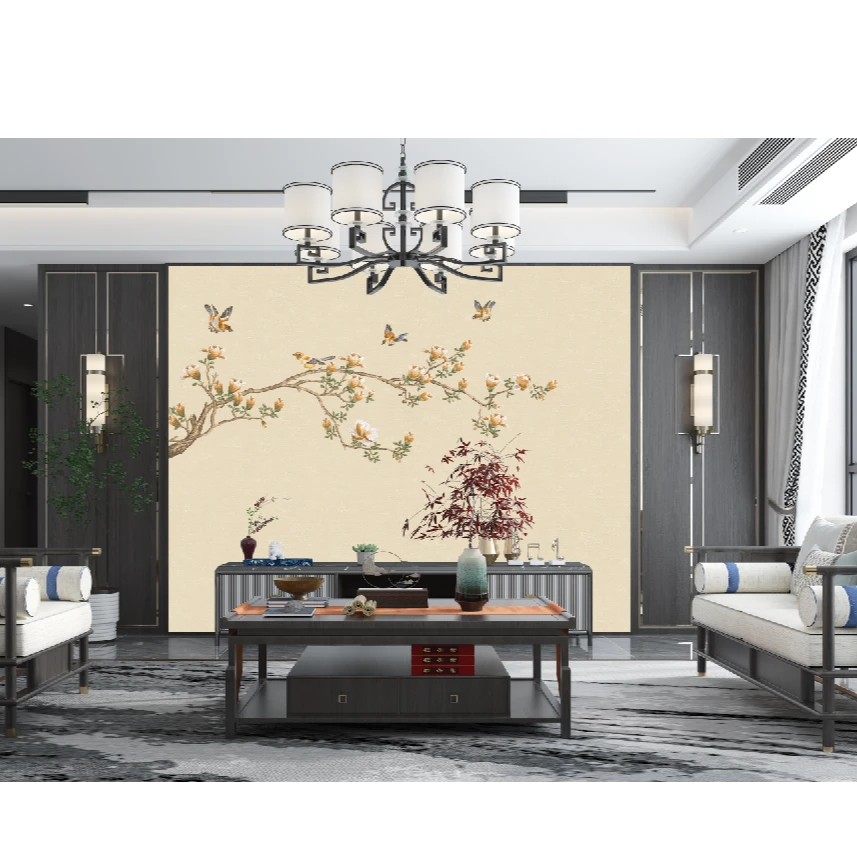 锦圣/独绣新中式电视沙发卧室纯刺绣花鸟喜上眉梢墙布壁布背景墙