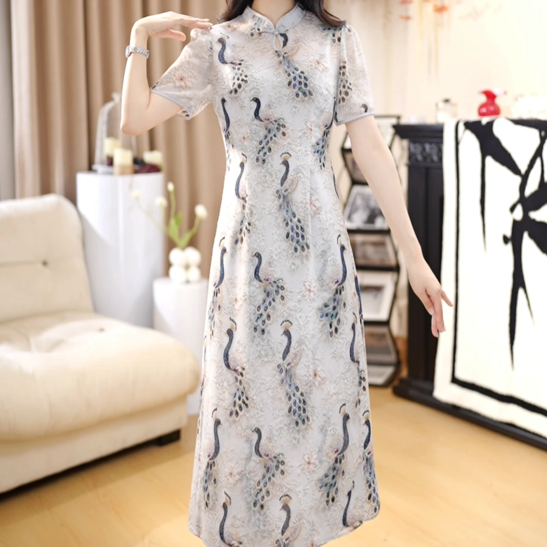 【LN】国风改良旗袍新款时尚立领印花袖连衣裙DLS00251