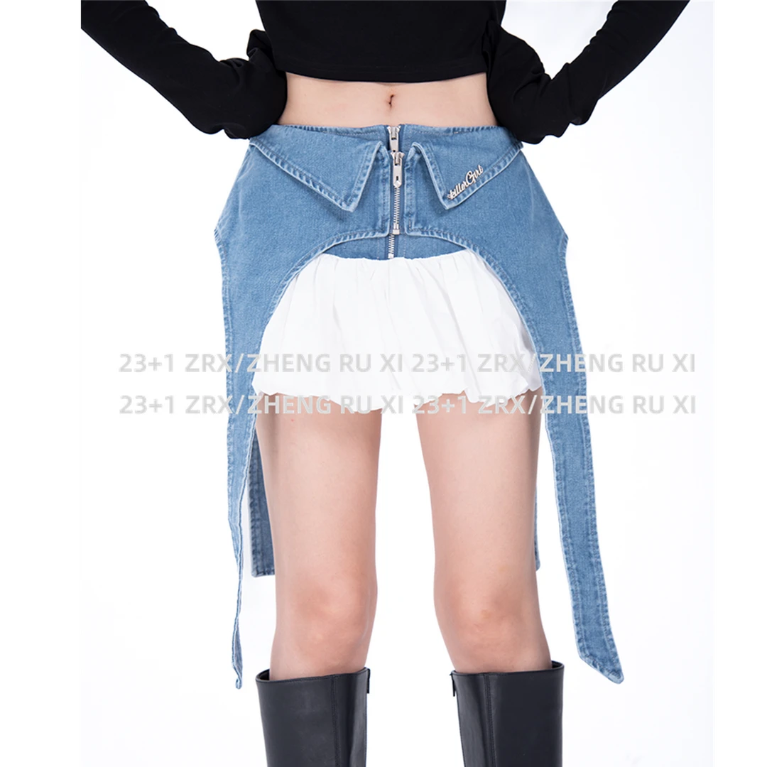 付新博女装拼接牛仔蓬蓬裙短裙女小众设计感辣妹a字半身裙13815