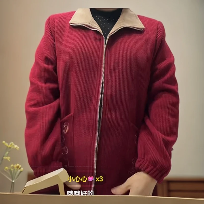 中年女装妈妈装妈妈春秋款时尚冬季上衣红色外套短款竖条绒休闲